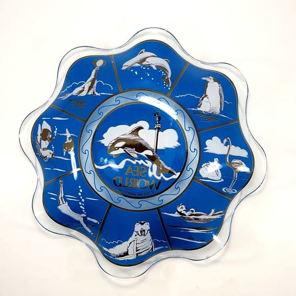 Vintage MCM Sea World Souvenir Blue Glass Decorative Bowl / Dish | 1976 Shamu - Picture 8 of 9